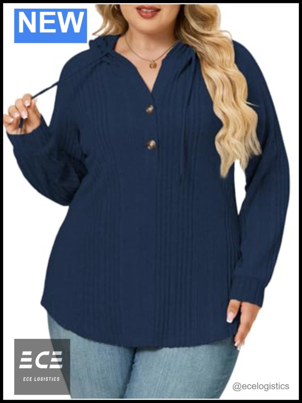 Plus Size V Neck Hoodie Sweatshirt Ribbed Knit Loose Fit Long Sleeve Top